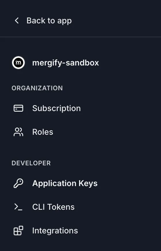 Settings sidebar with Application Keys selected under Developer
