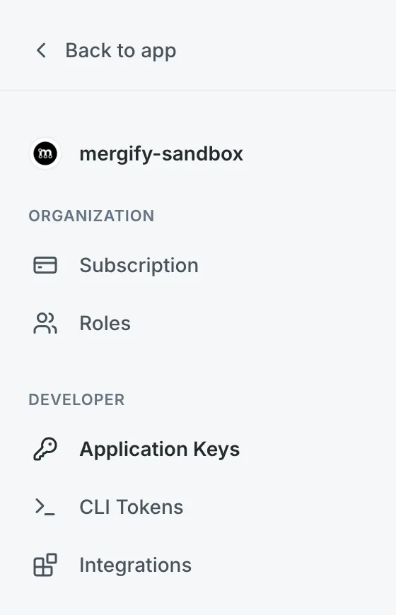 Settings sidebar with Application Keys selected under Developer