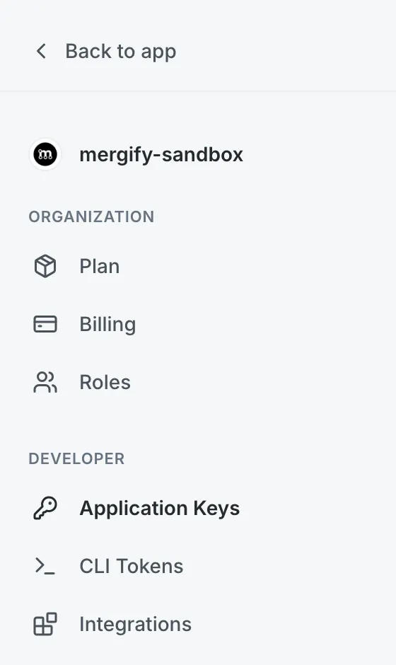 Settings sidebar with Application Keys selected under Developer