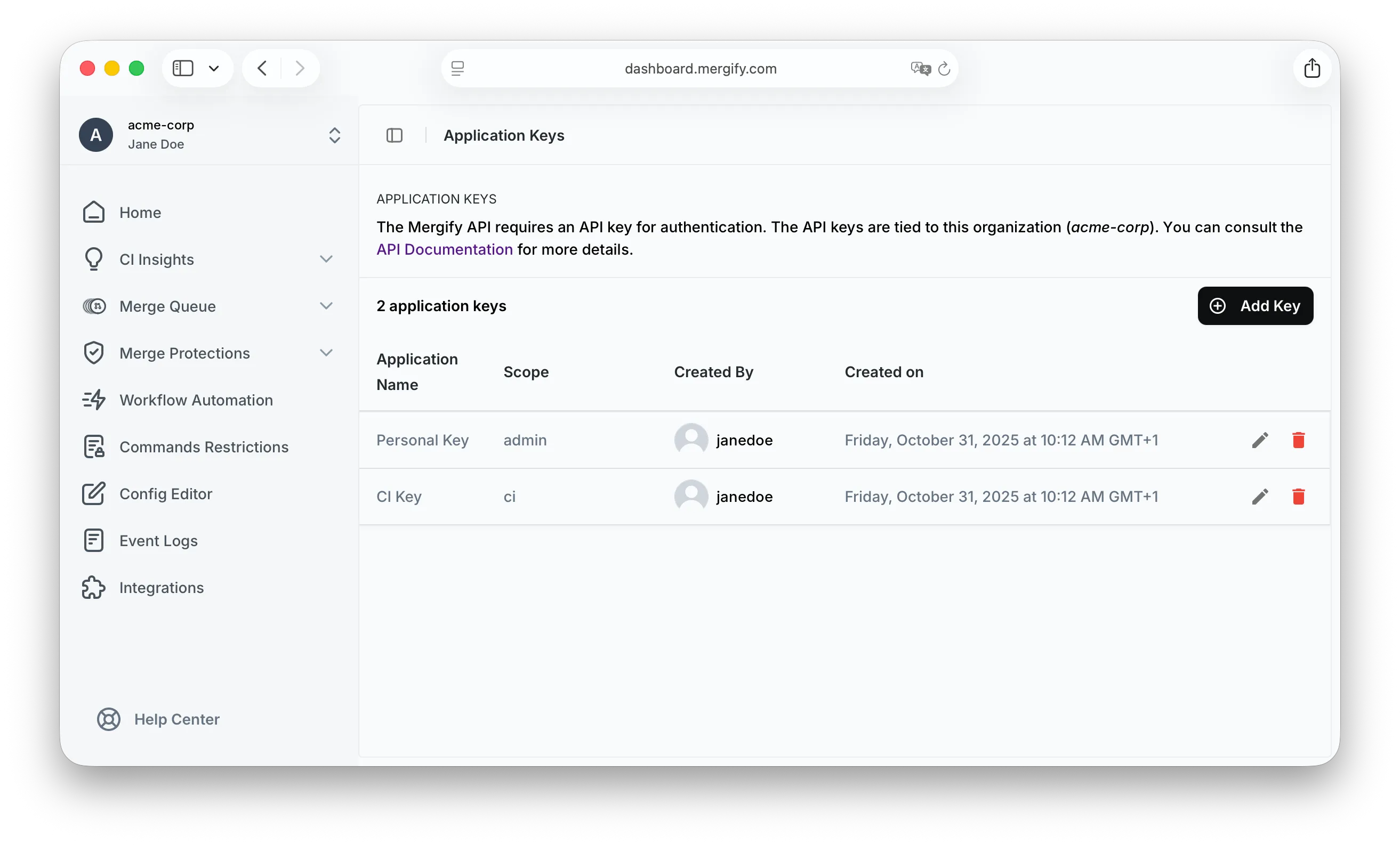 Application key token