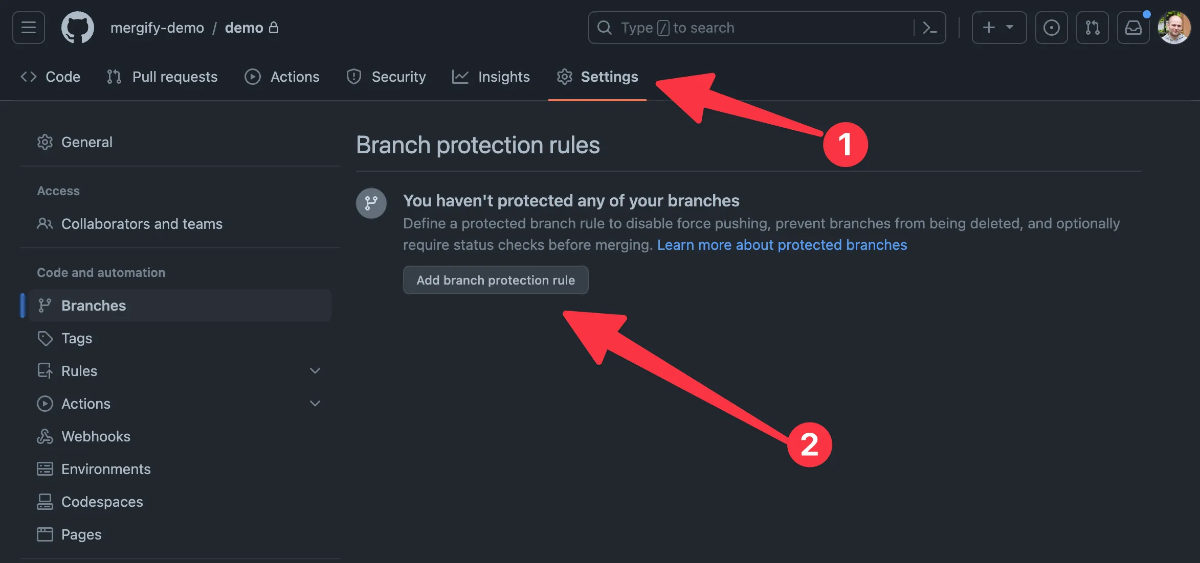 Showing branch protections settings in GitHub