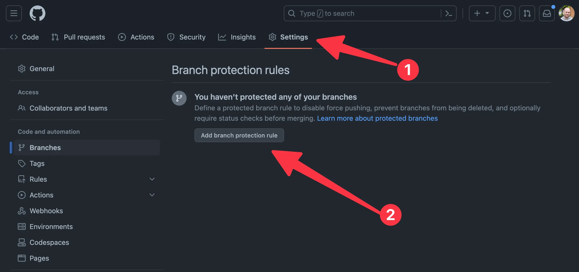 GitHub branch protection settings