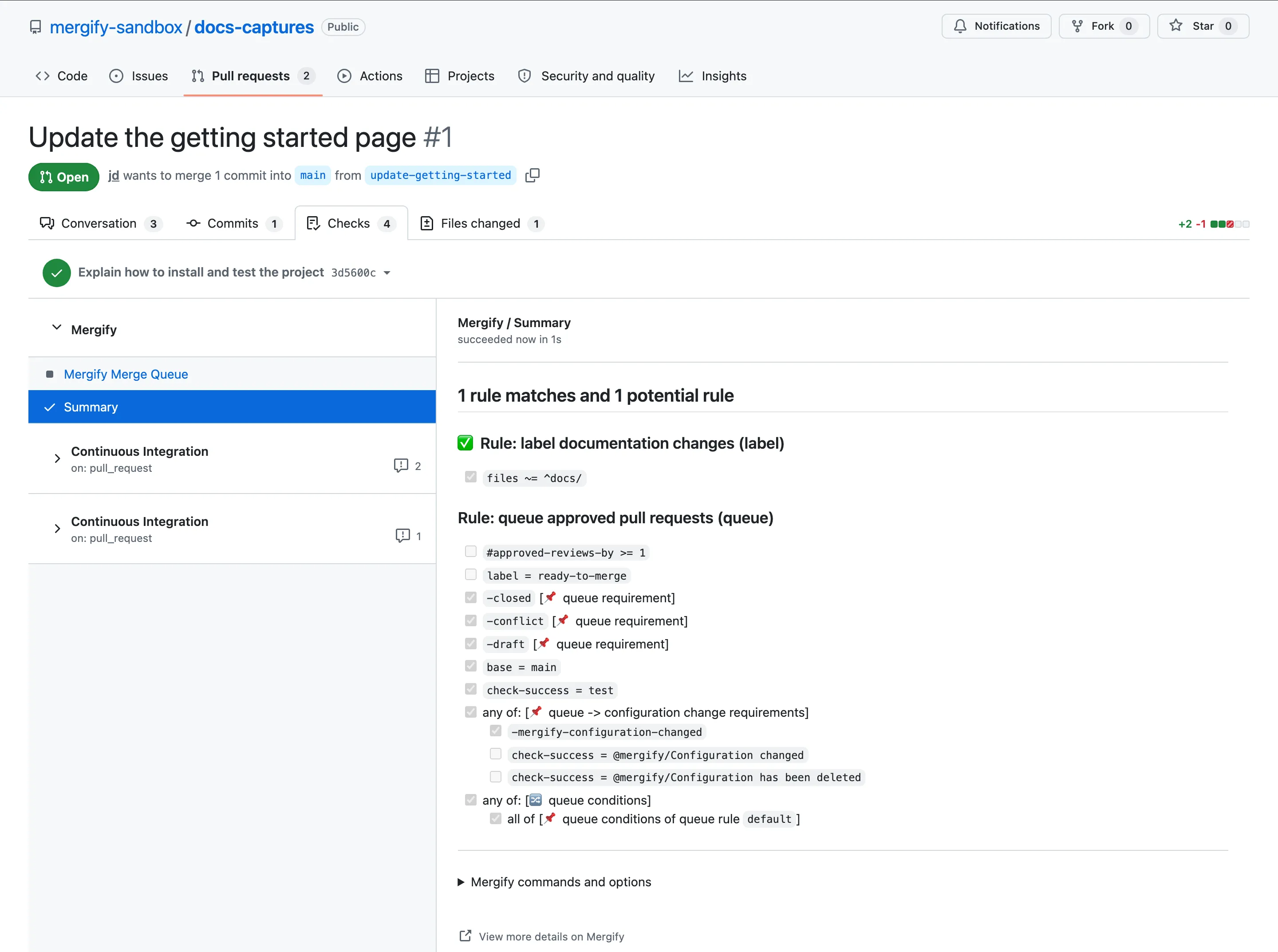 Mergify Summary check listing one matching rule and one potential rule with its unmet conditions