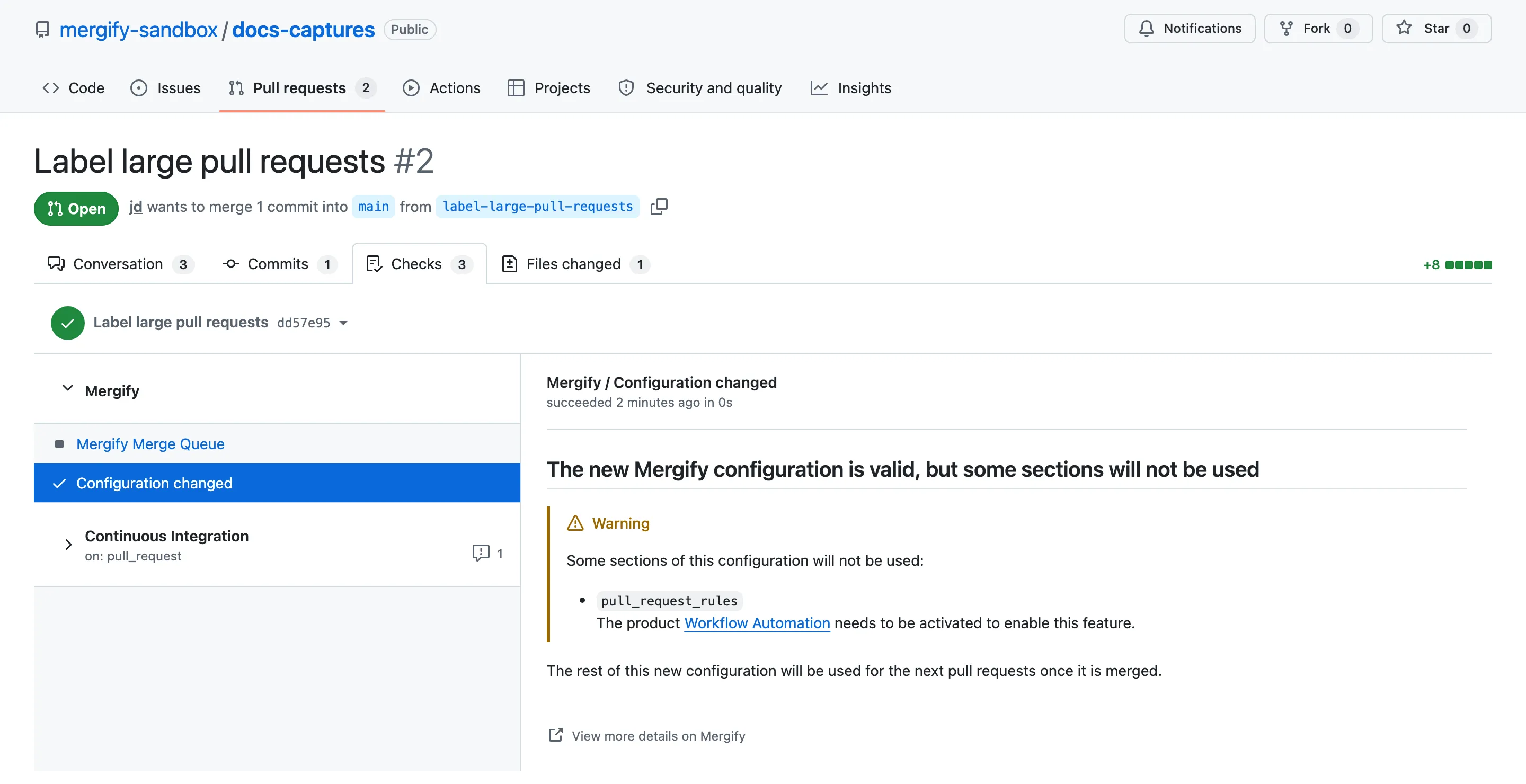Configuration changed check: the configuration is valid, but pull_request_rules will not be used
