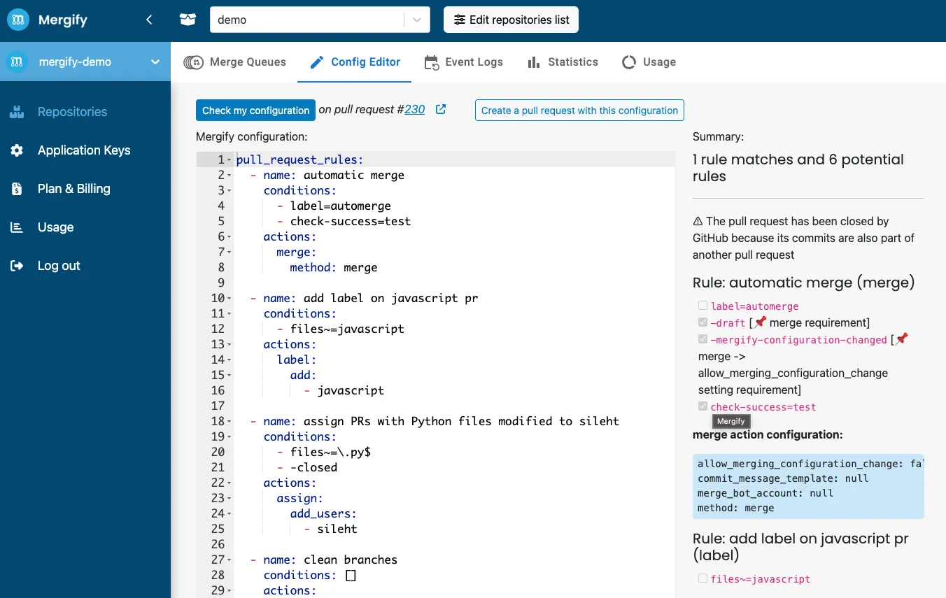 Mergify Configuration Editor