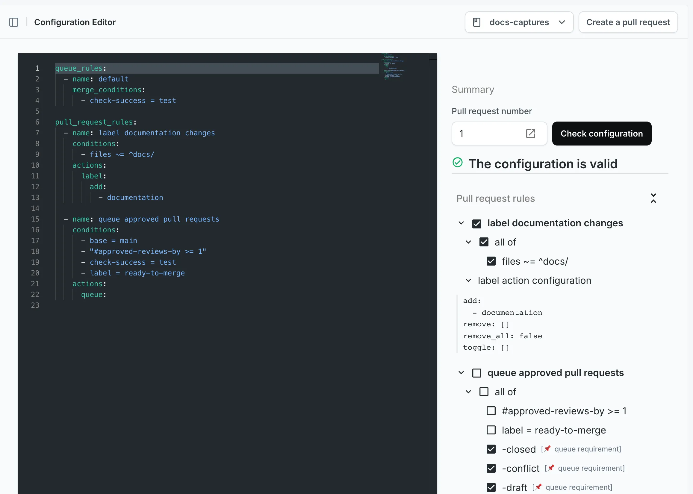 Mergify Configuration Editor checking a pull request: one rule matches, one has unmet conditions