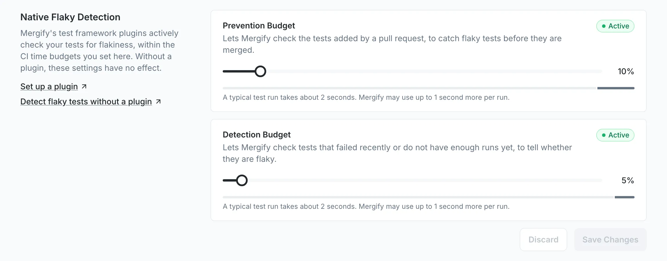 Native Flaky Detection section with the Prevention Budget and Detection Budget sliders