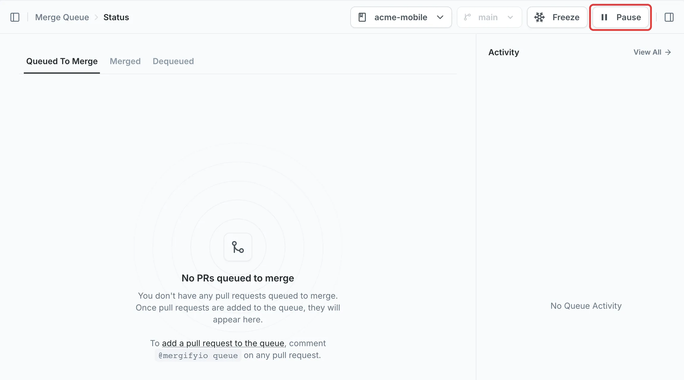 Pause button is in the top right corner in Mergify's dashboard