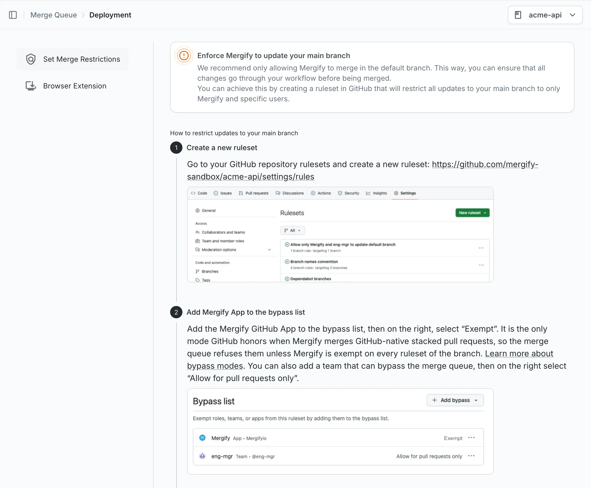 Deploy screen from Mergify dashboard