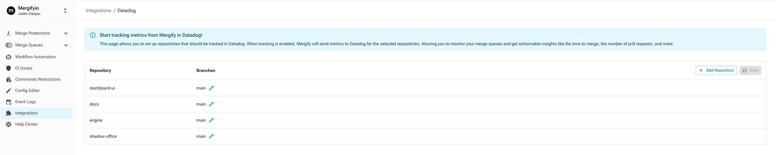 Mergify Datadog Integration page details