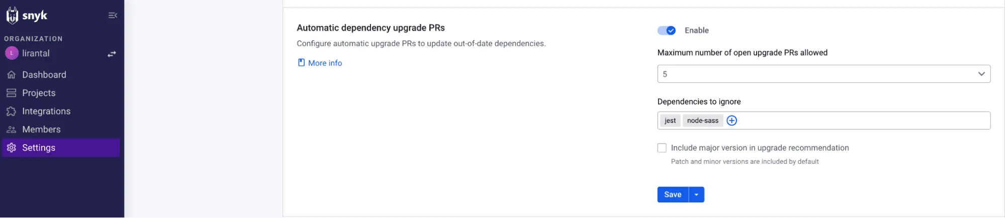 Automatic dependency upgrade PRs in snyk interface