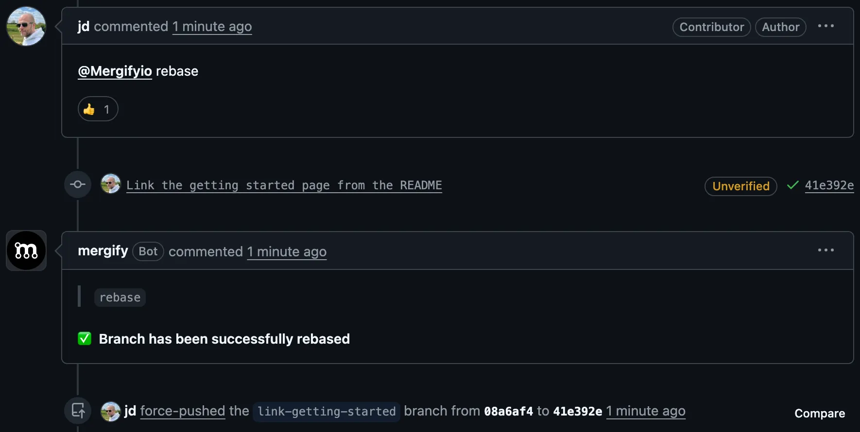 Posting '@mergifyio rebase' in GitHub interface