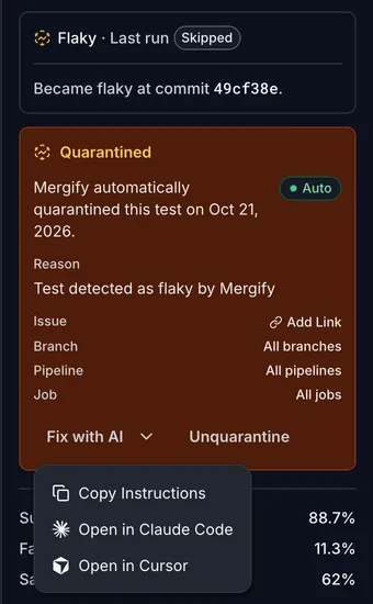 Quarantined test card with the Fix with AI menu open