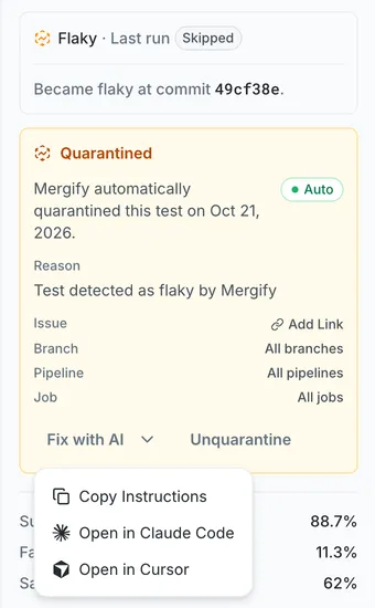 Quarantined test card with the Fix with AI menu open