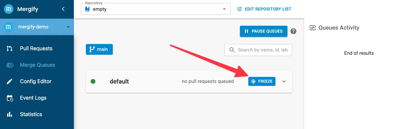 Mergify queue freeze button