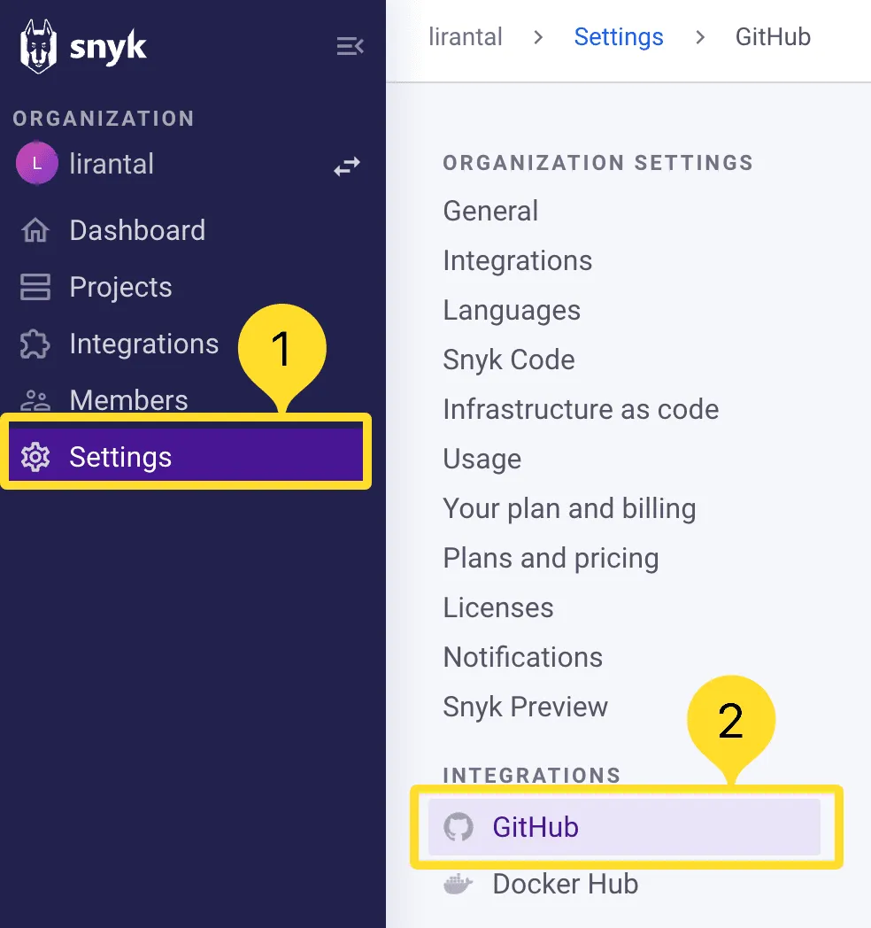 Showing GitHub integrations menu in Snyk