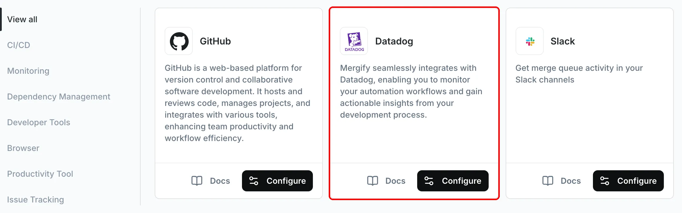 The Datadog integration in the Mergify dashboard's integrations list
