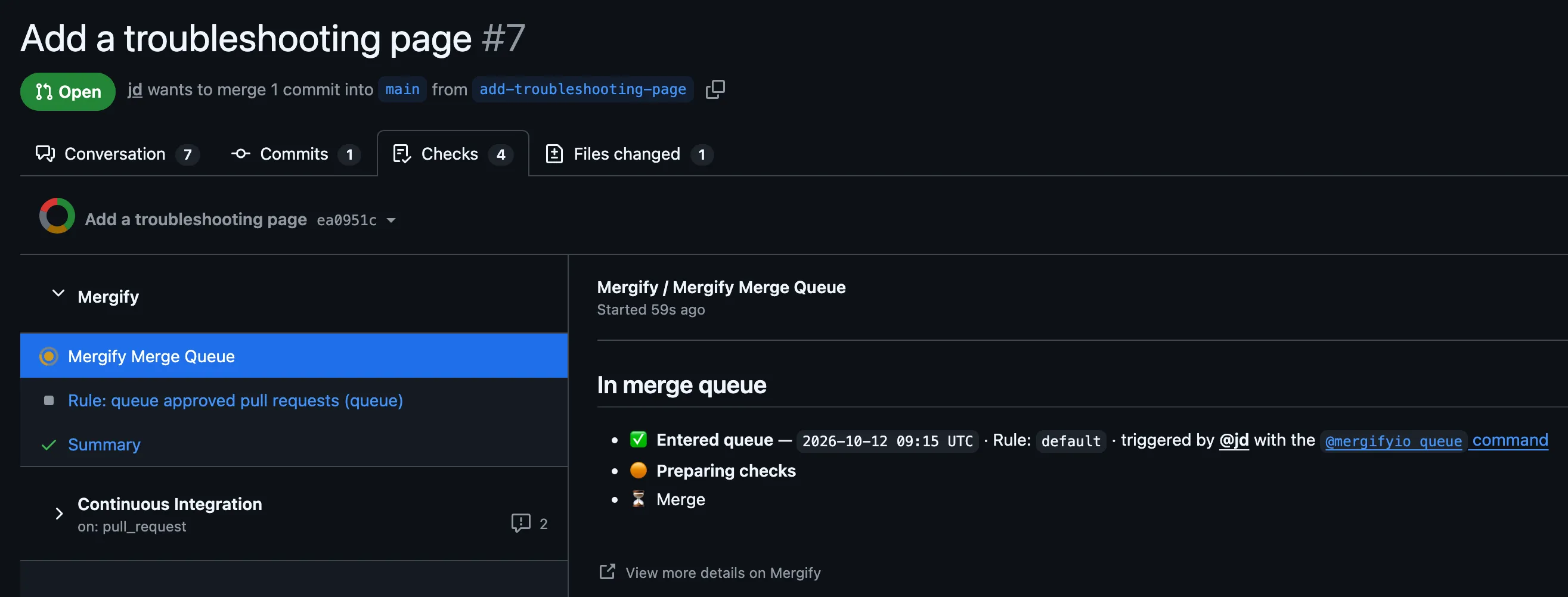 Checks tab of a pull request with the Mergify Merge Queue check reading In merge queue