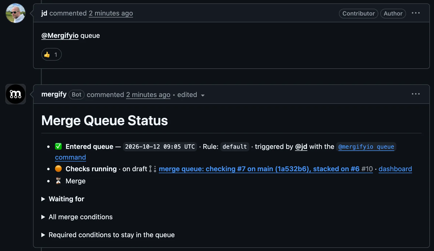 An @mergifyio queue comment followed by the Merge Queue Status comment
