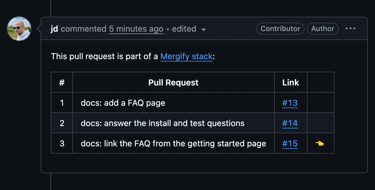 Stack comment showing a PR's position in the chain