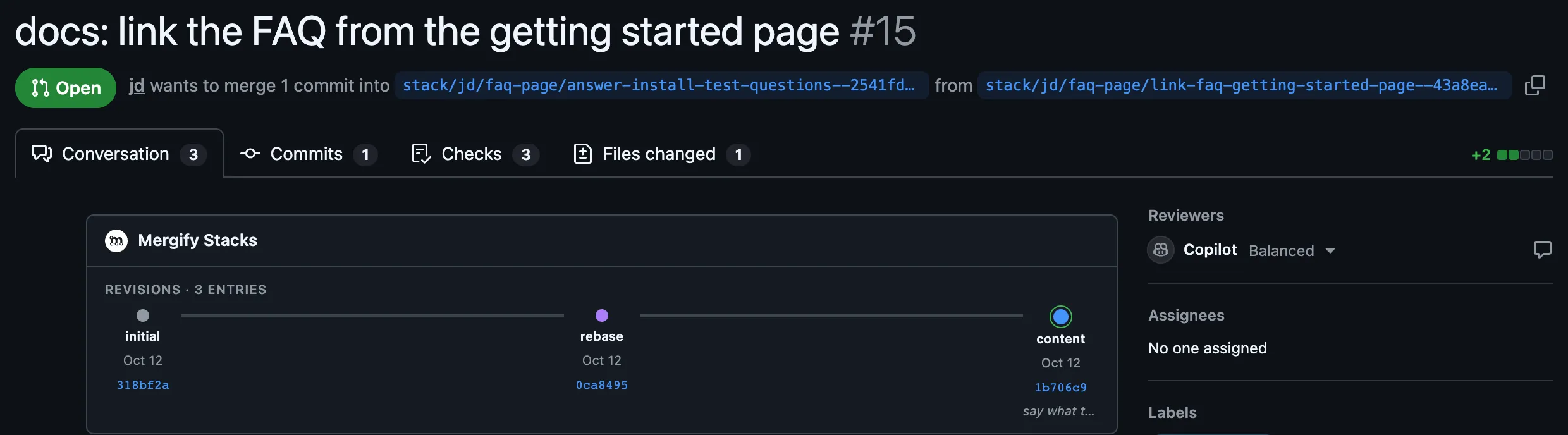 Mergify Stacks panel with the revision history timeline on a pull request