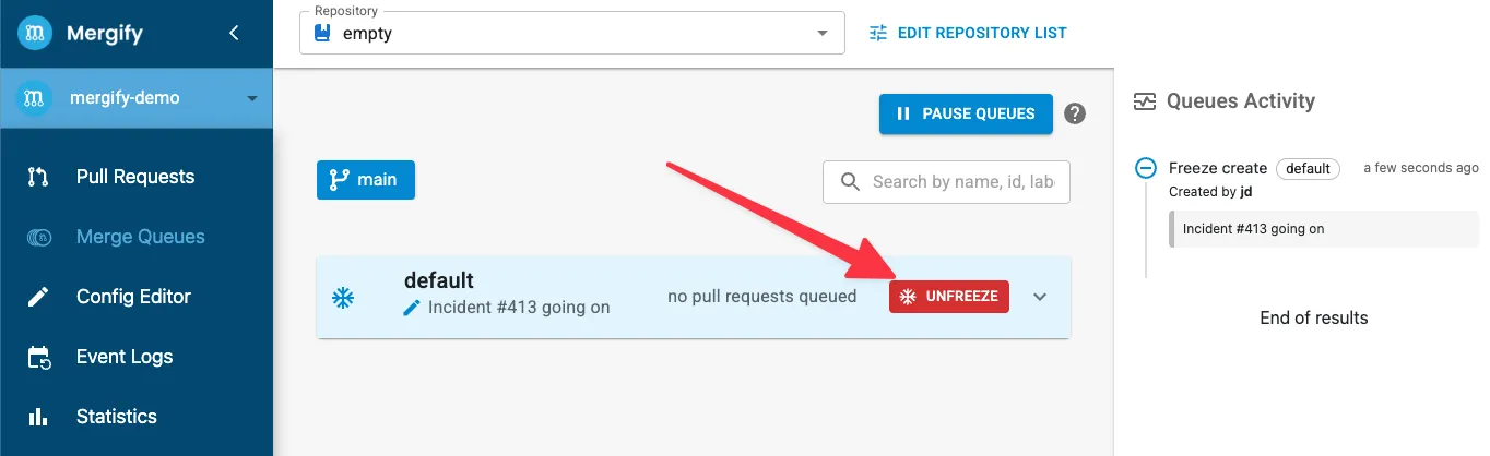 Mergify queue unfreeze button